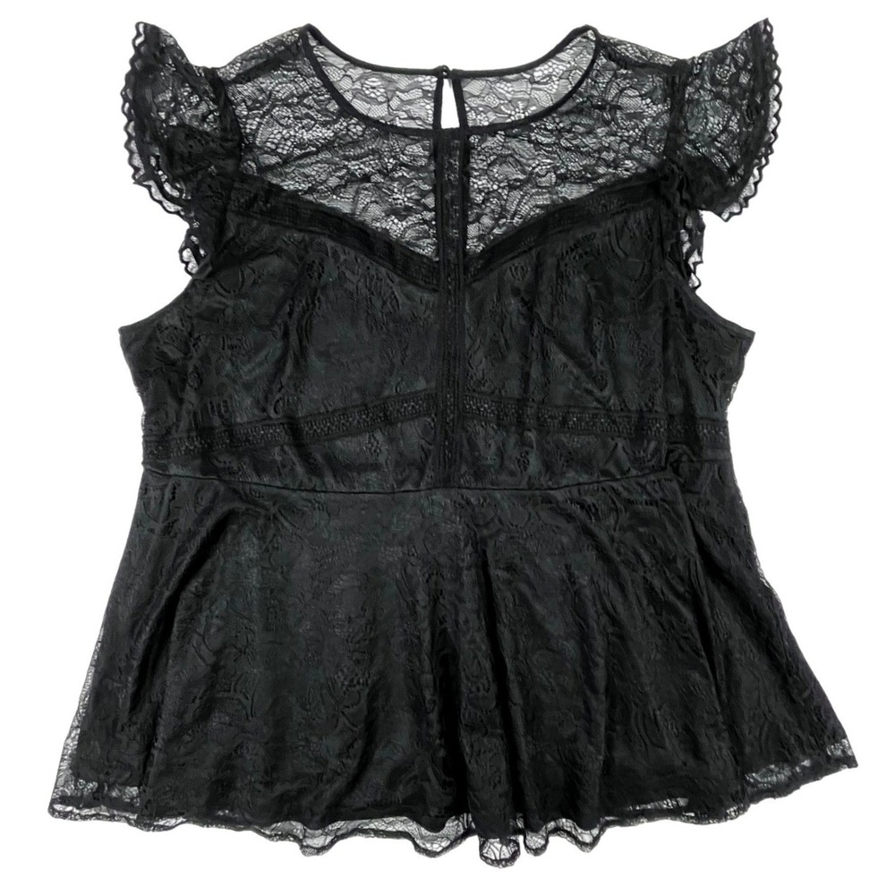 Torrid Womens Black Floral Lace Peplum Top Flutter Sleeve Sheer Yoke Size 2